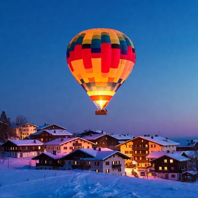 Colorful Hot Air Balloon Over Snowy Village
