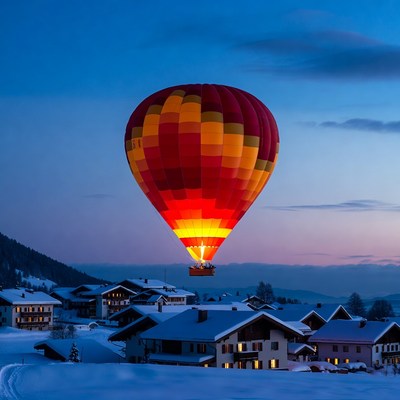 Hot Air Balloon Over Snowy Alpine Village