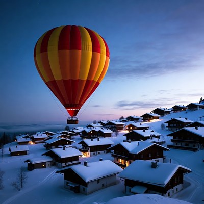 Hot Air Balloon Over Snowy Mountain Village