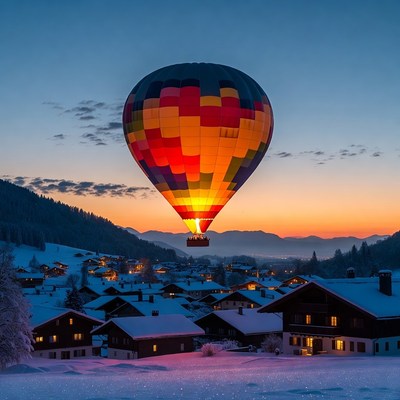Hot Air Balloon Over Snowy Alpine Village