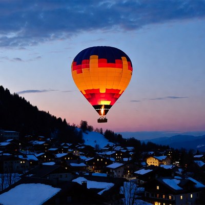Hot air balloon over snowy mountain village