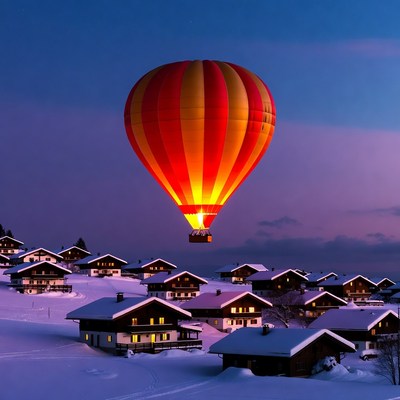 Hot air balloon over snowy chalets