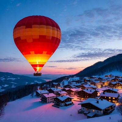 Hot air balloon over snowy alpine village