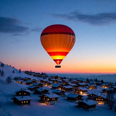 Hot Air Balloon Over Snowy Alpine Village
