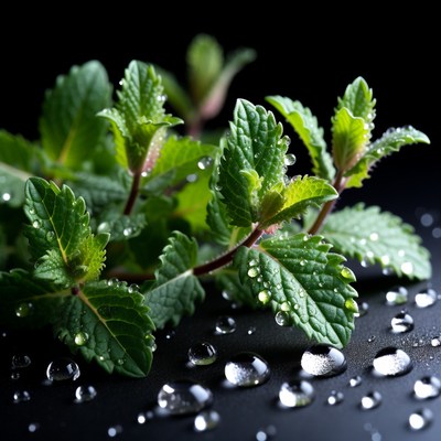 Fresh Mint Leaves with Water Droplets
