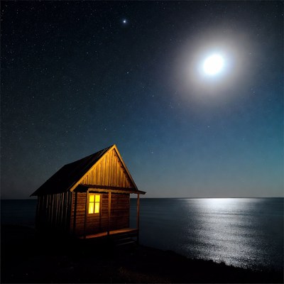 Wooden Cabin Lit at Night by Moonlit Sea
