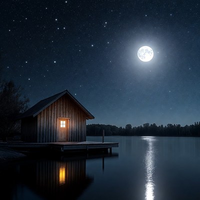 Wooden Cabin on Lake at Night
