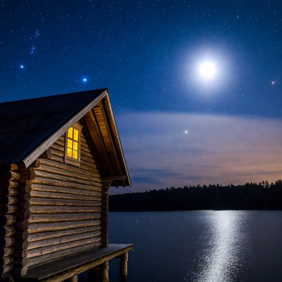 Log cabin by lake under starry night sky