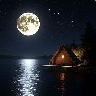 Cabin by Lake Under Full Moon