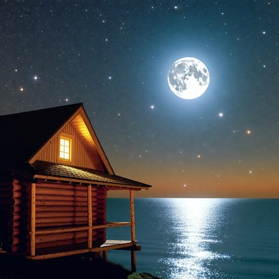 Log cabin by lake under full moon