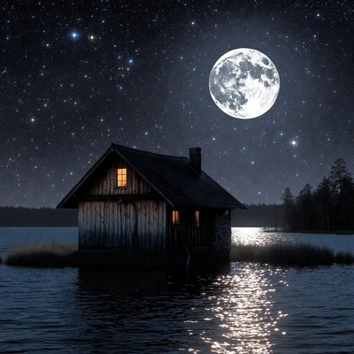 Cabin on lake under full moon