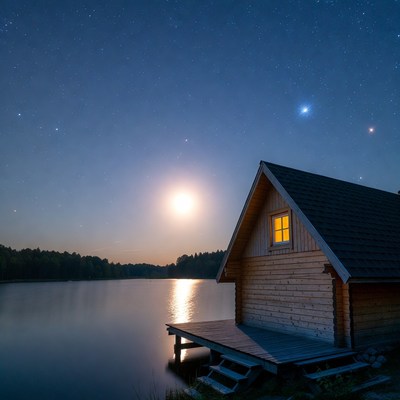 Cabin by lake under starry moonlit sky