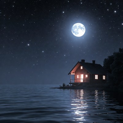 Red Cabin by Lake Under Moonlit Sky
