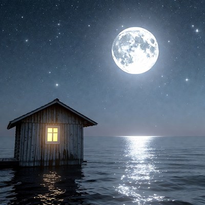 Lit Cabin on Water Under Full Moon