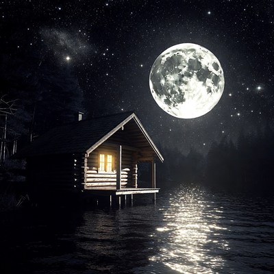Log cabin on lake under full moon