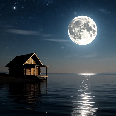 Log Cabin by Lake Under Full Moon