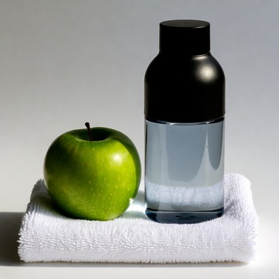 Green apple beside blue liquid bottle