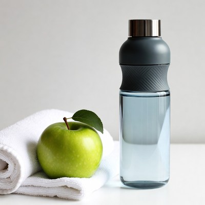 Green apple with water bottle towel