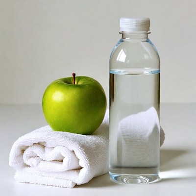 Green Apple with Water Bottle and Towel