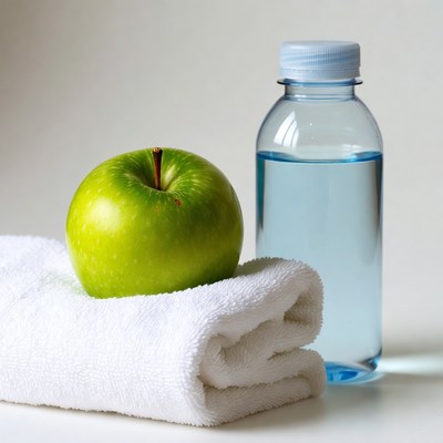 Green apple with water bottle towel