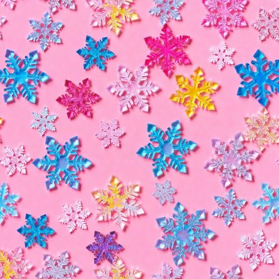 Colorful glitter snowflakes on pink background