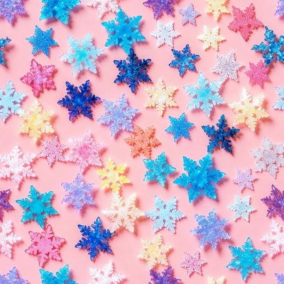 Colorful Plastic Snowflakes on Pink Background