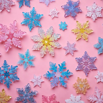 Colorful snowflakes on pink background