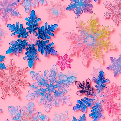 Colorful Transparent Snowflakes on Pink Background