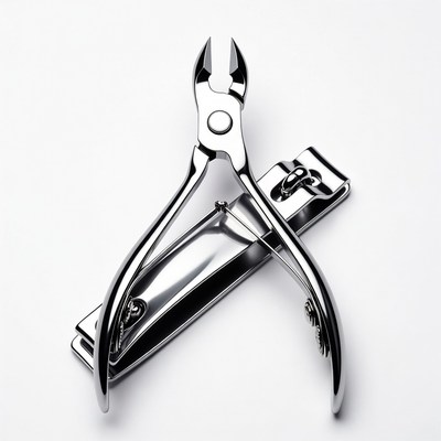 Silver nail clippers on white background