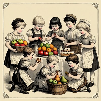 Children harvesting fruits and cake