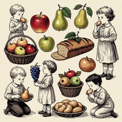 Children Eating Fruits and Bread Illustration
