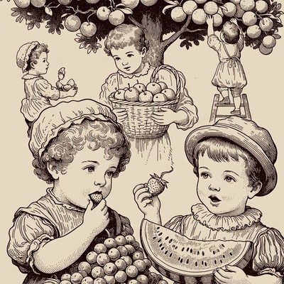 Children picking apples and fruits illustration