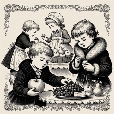 Children examining fruits at table