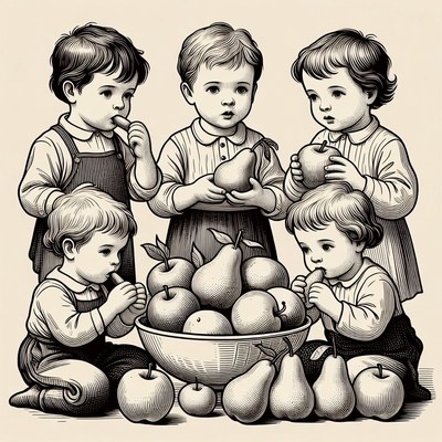 Boys Eating Fruit Around Bowl