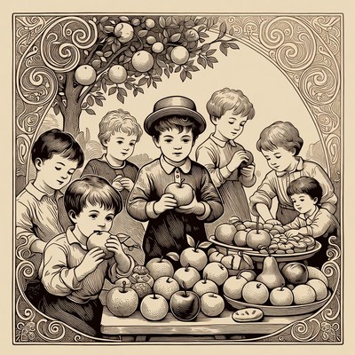 Boys harvesting apples vintage illustration