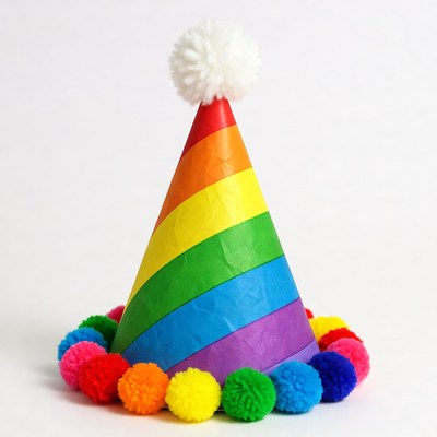 Rainbow Party Hat with Pom Poms