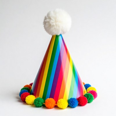 Rainbow Party Hat with Pom Poms