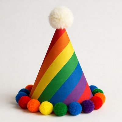 Rainbow Party Hat with Pom Poms