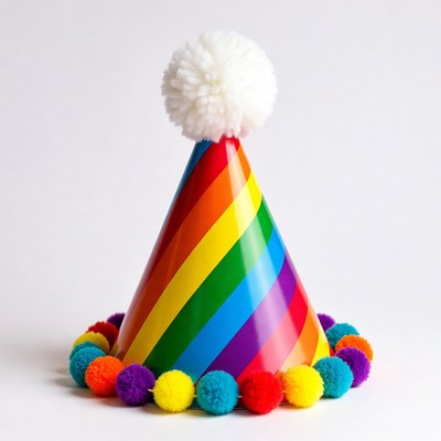 Rainbow Party Hat with Pom Poms