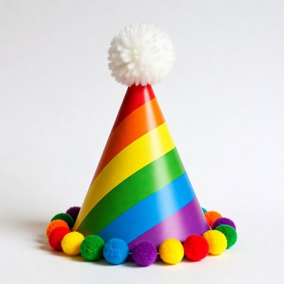 Rainbow Party Hat with Pom Poms