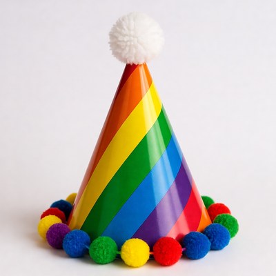 Rainbow Party Hat with Pom Poms