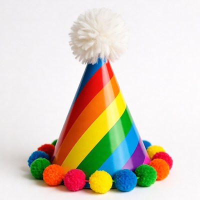 Rainbow Party Hat with Pom Poms