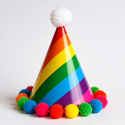 Rainbow Party Hat with Pom Poms