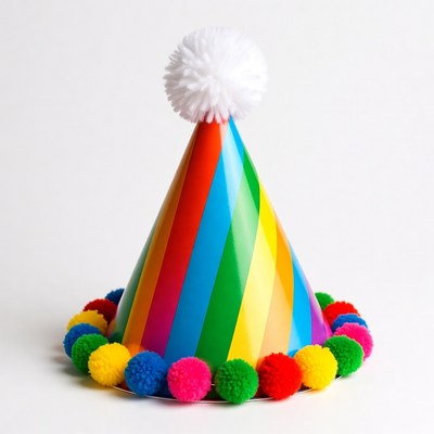 Rainbow Party Hat with Pom Poms