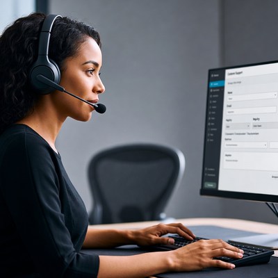African-American woman in headset working at computer