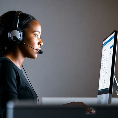 African-American woman using headset computer