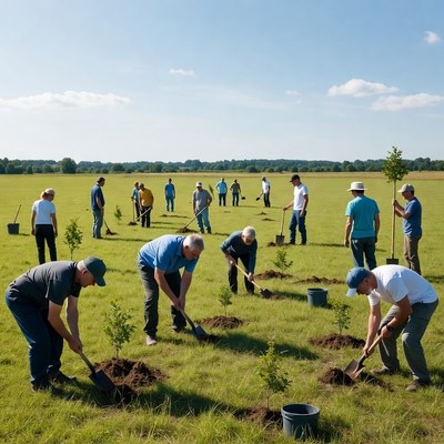 Group of men planting trees outdoors