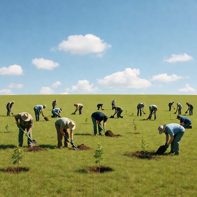 Group planting trees in green field