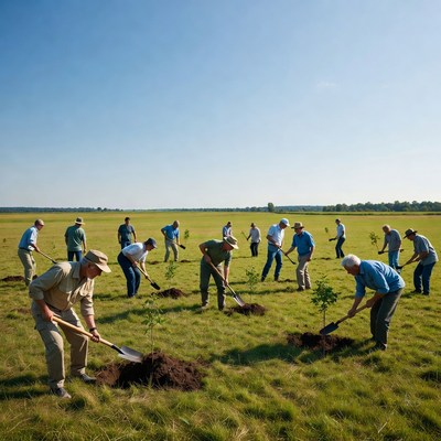 Group of men planting trees outdoors