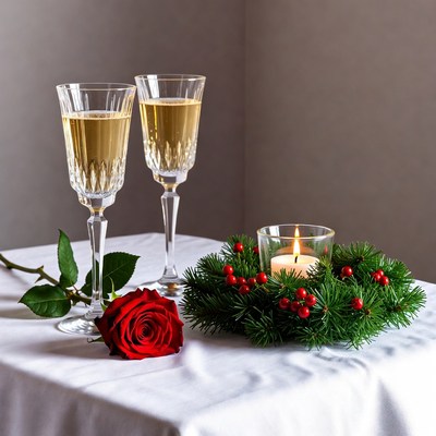 Two Champagne Glasses with Red Rose